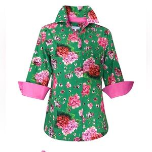 Perlavera Button Up Shirt Hydrangea Contrast Flip Cuff 3/4 Sleeve Cindy